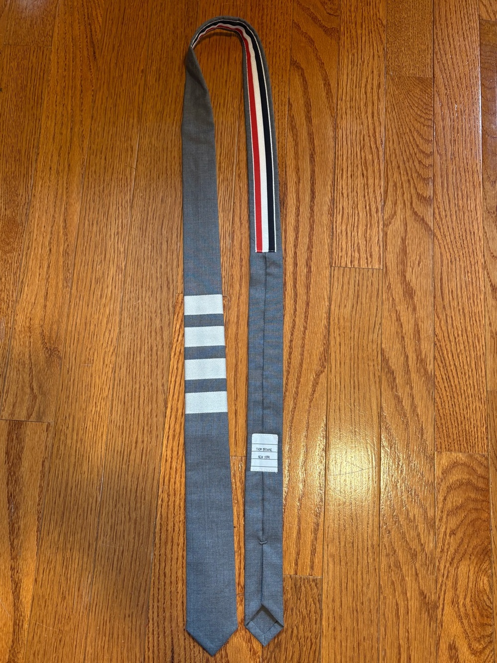 Gray Men's Thom Browne Tie with Iconic White 4 Bar Stripe Accent